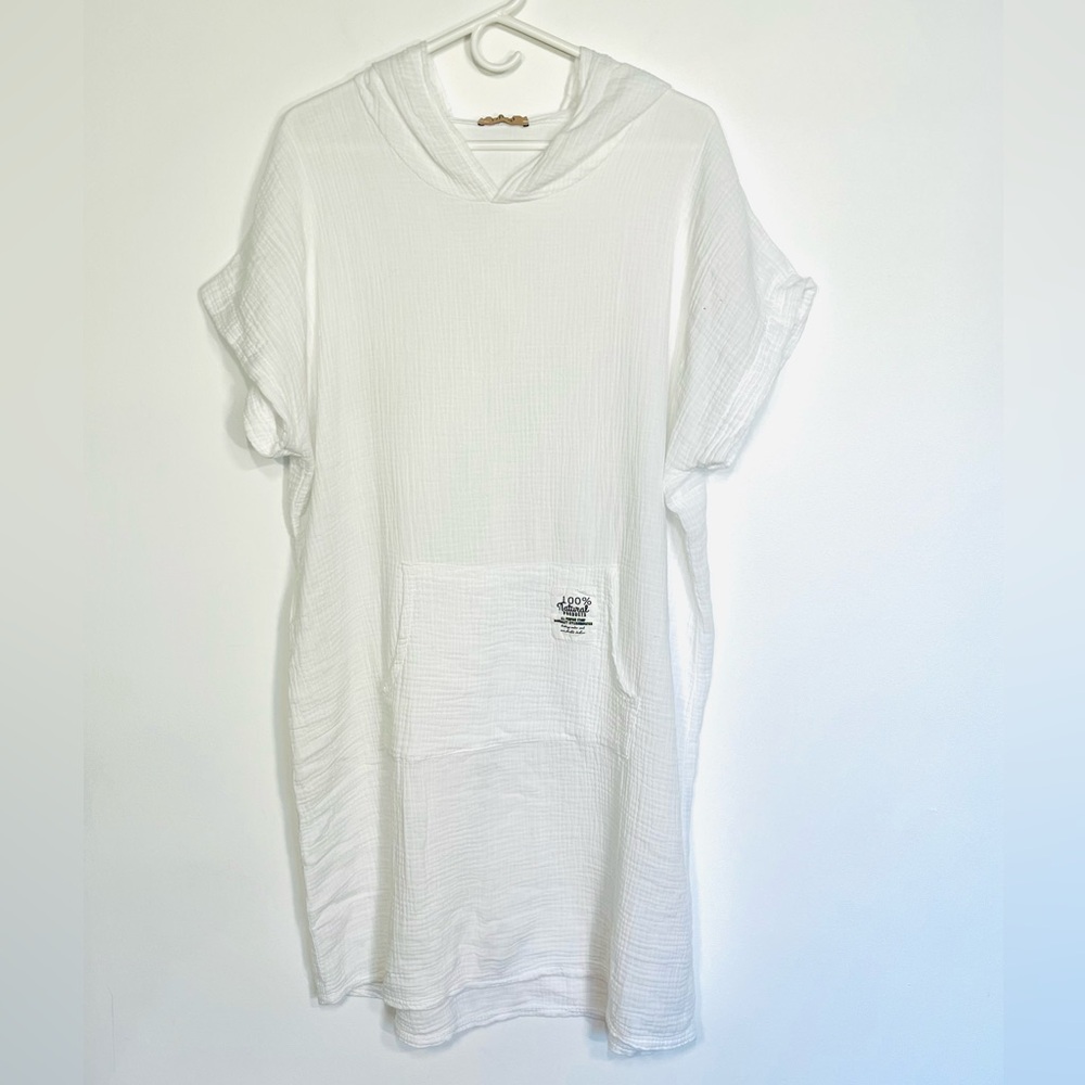 Virgo white gauzy hooded coverup with kangaroo pocket, pullover relaxed fit OS
